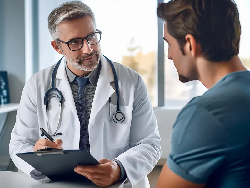 Illustration of a doctor holding a clipboard talking to an adult male patient